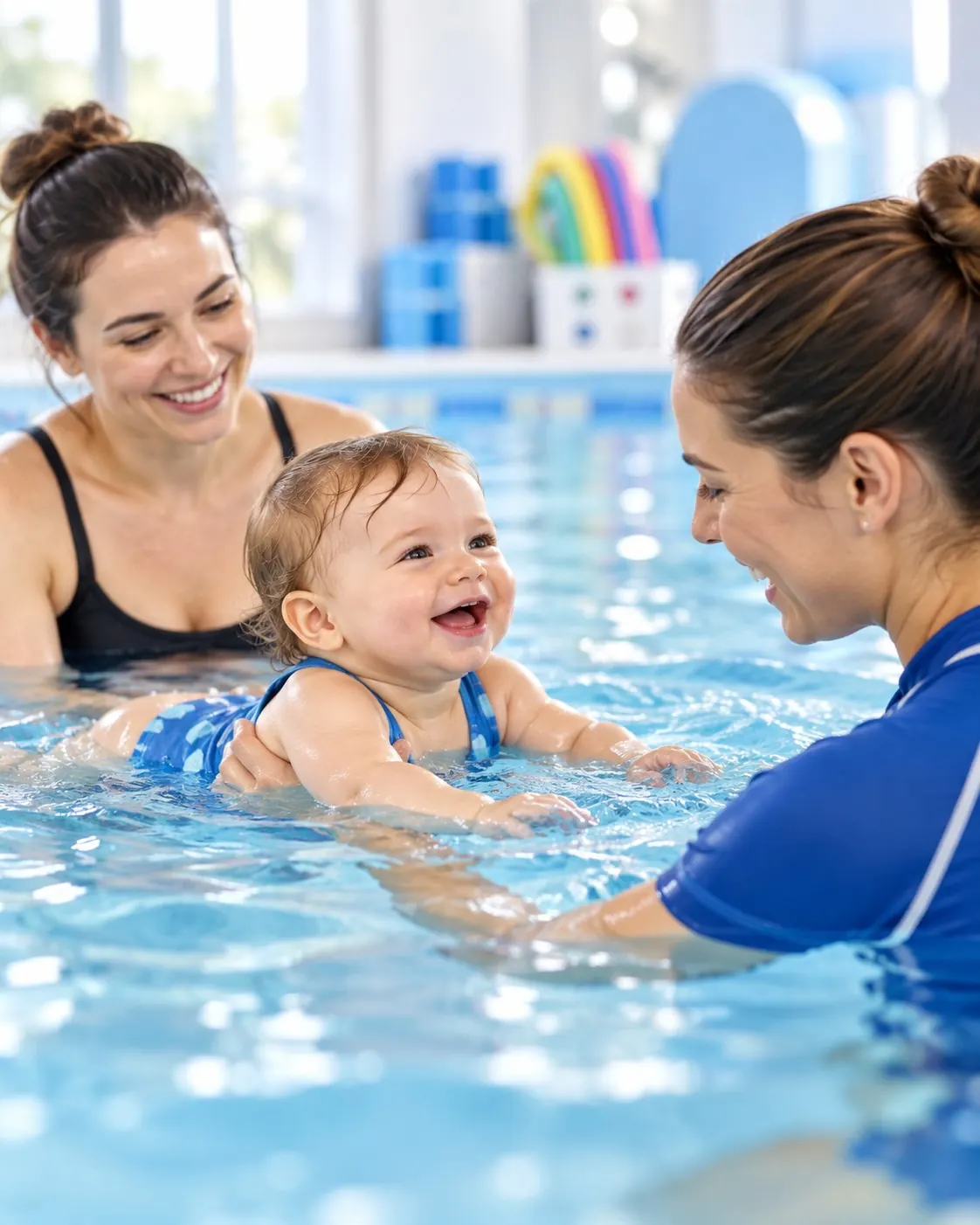 An instructor and a mother supporting a smiling baby in a warm indoor teaching pool