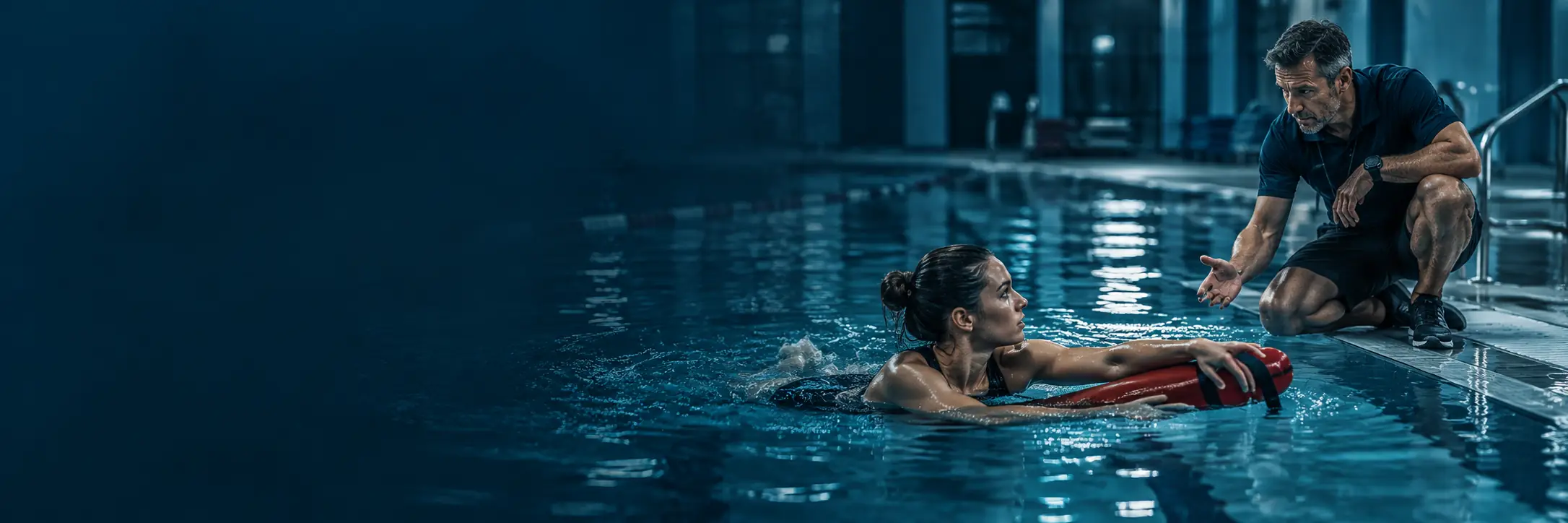 An instructor crouching on the pool deck giving directions to a swimmer who is crossing the water with a rescue tube