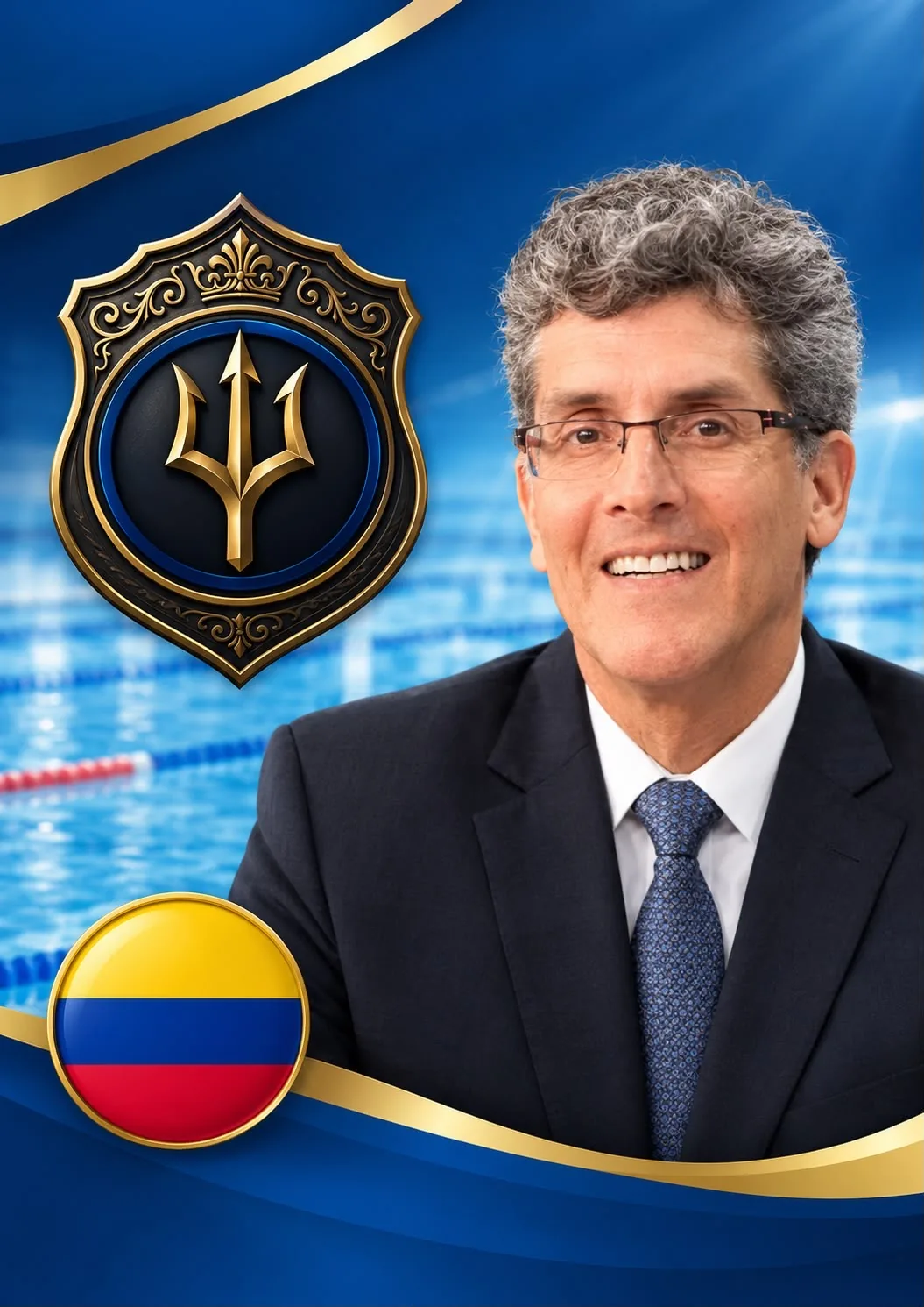 Presentation card for Alfonso Barbosa: in a dark suit and tie at the poolside, with the institute crest and the flag of Colombia