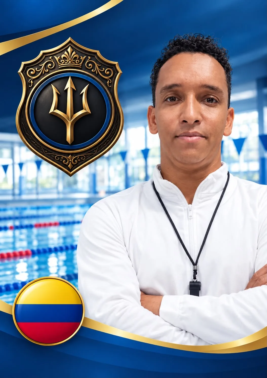 Presentation card for Arnold Guerrero Peñaranda: arms folded in a white training jacket in front of a competition pool, with the institute crest and the flag of Colombia