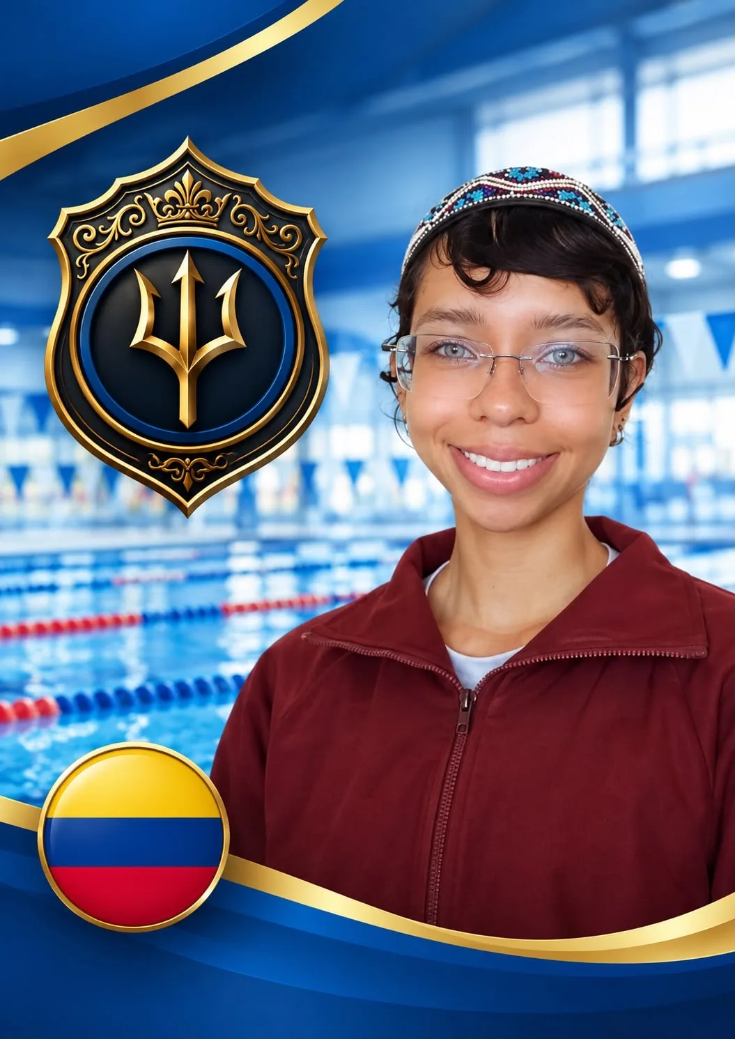 Presentation card for Charick Álvarez Torres: in a maroon training jacket and glasses in front of an indoor competition pool, with the institute crest and the flag of Colombia