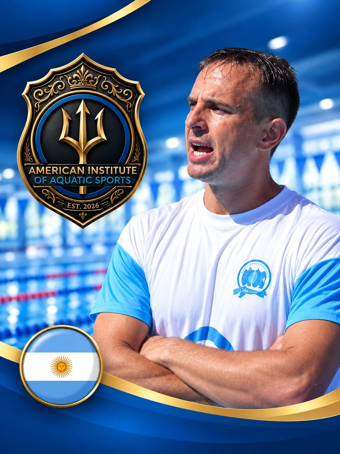 Guido Swiszcz, arms folded in a coaching shirt beside an indoor competition pool