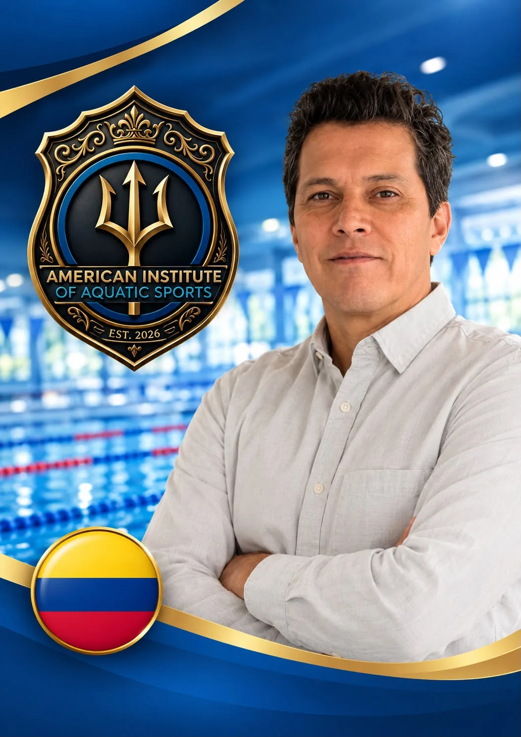 Presentation card for Jose Albeiro Echeverri: arms folded in a light grey linen shirt in front of an indoor competition pool, with the institute crest and the flag of Colombia