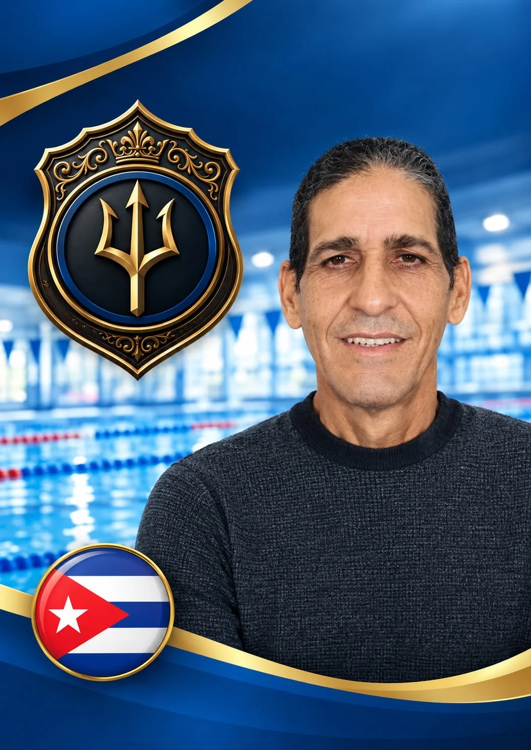Presentation card for Michael William Hernandez Barcaz: in a charcoal knit sweater in front of an indoor competition pool, with the institute crest and the flag of Cuba