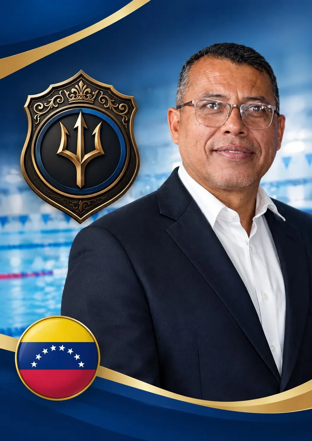 Presentation card for Víctor Daniel Perdigón Osorio: in a dark jacket and white shirt at the poolside, with the institute crest and the flag of Venezuela